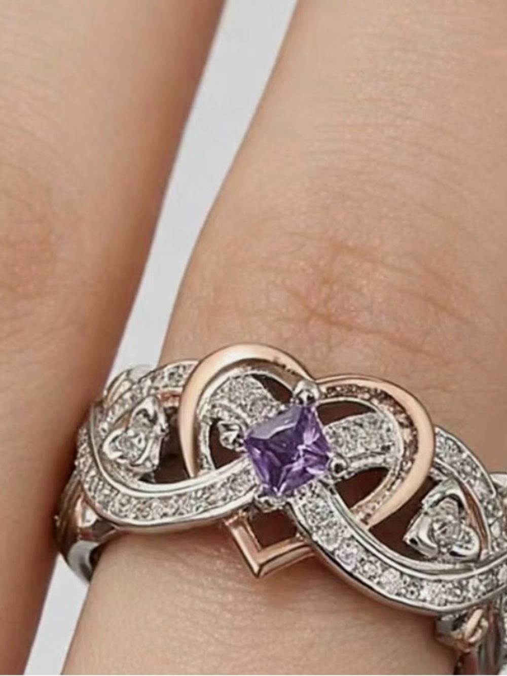 Rose Gold Heart Amethyst Infinity Ring with Accent Stones